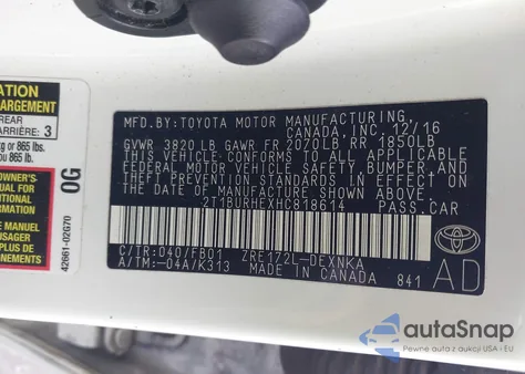 2017 Toyota Corolla Le from USA, damaged, VIN 2T1BURHEXHC818614